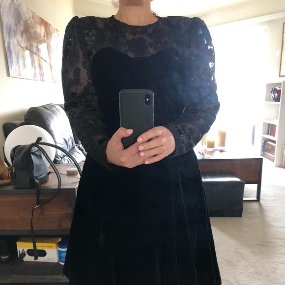 Vintage 80's corset boning velvet sheer sleeves dress sweetheart neck Sz 6 (S) - Picture 7 of 11